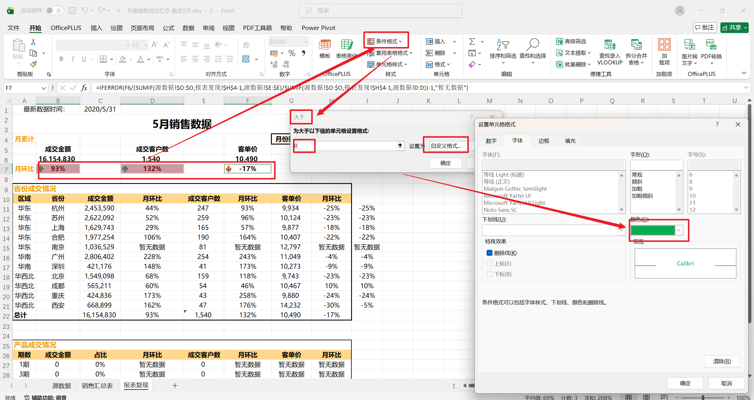 条件格式正值绿色字体规则设置